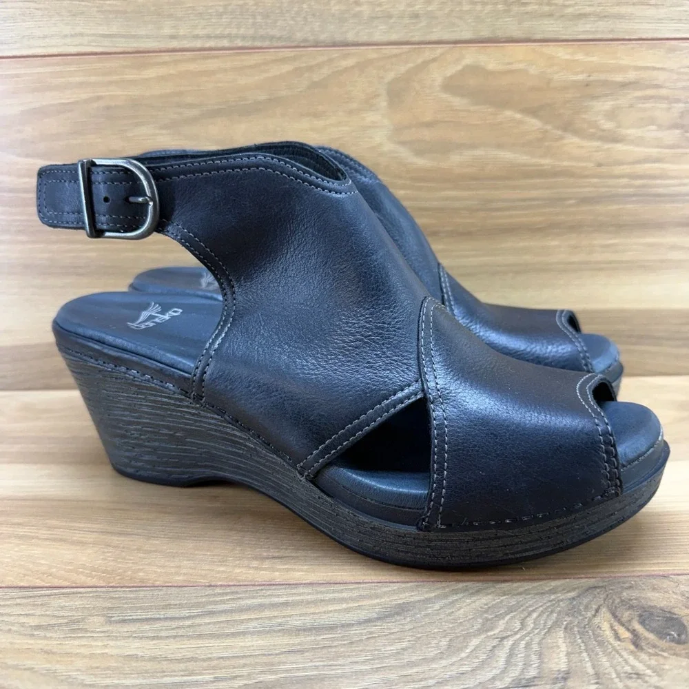 DANSKO Vanda Wedge Sandals Peep Toe 11‎ EU 41 Black Leather Walking Vacation